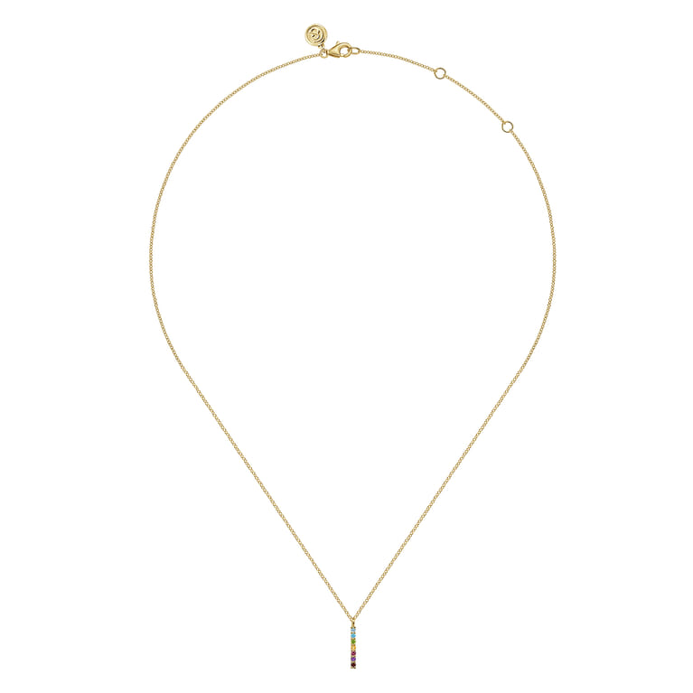 14K Yellow Gold Rainbow Color Stone Bar Necklace - Shot 2