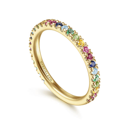 14K Yellow Gold Rainbow Color Stone Stackable Ring