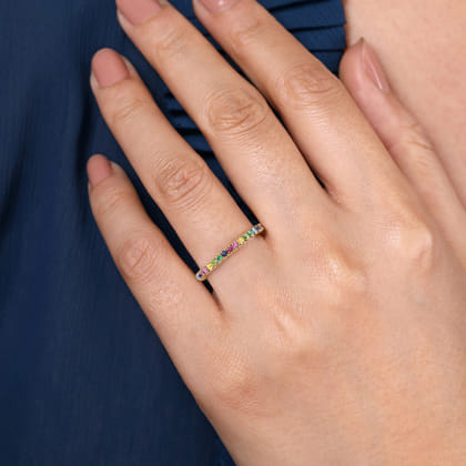 14K Yellow Gold Rainbow Color Stone Stackable Ring