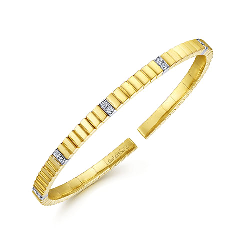 14K Yellow Gold Rectangular Bead Cuff Bracelet with White Gold Pave Diamond Stations - 0.22 ct - Shot 2
