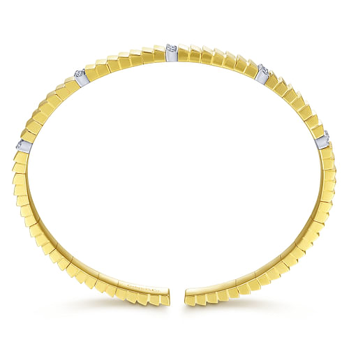 14K Yellow Gold Rectangular Bead Cuff Bracelet with White Gold Pave Diamond Stations - 0.22 ct - Shot 3