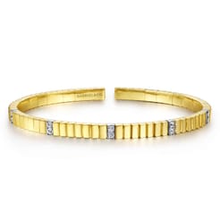 14K Yellow Gold Rectangular Bead Cuff Bracelet with White Gold Pave Diamond Stations