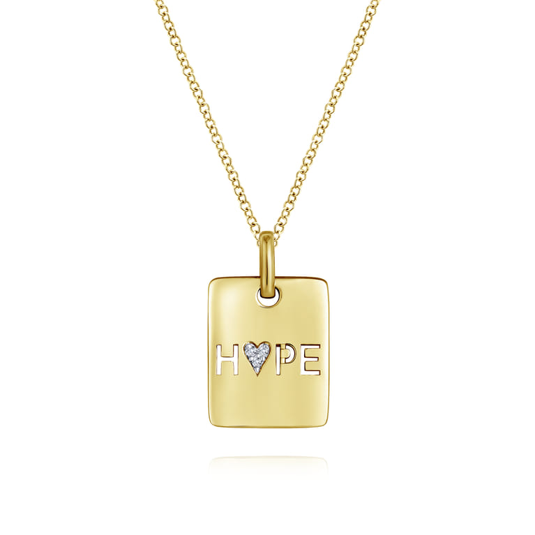 14K Yellow Gold Rectangular Hope Medallion Necklace with Pave Diamond Heart - 0.01 ct - Shot 1