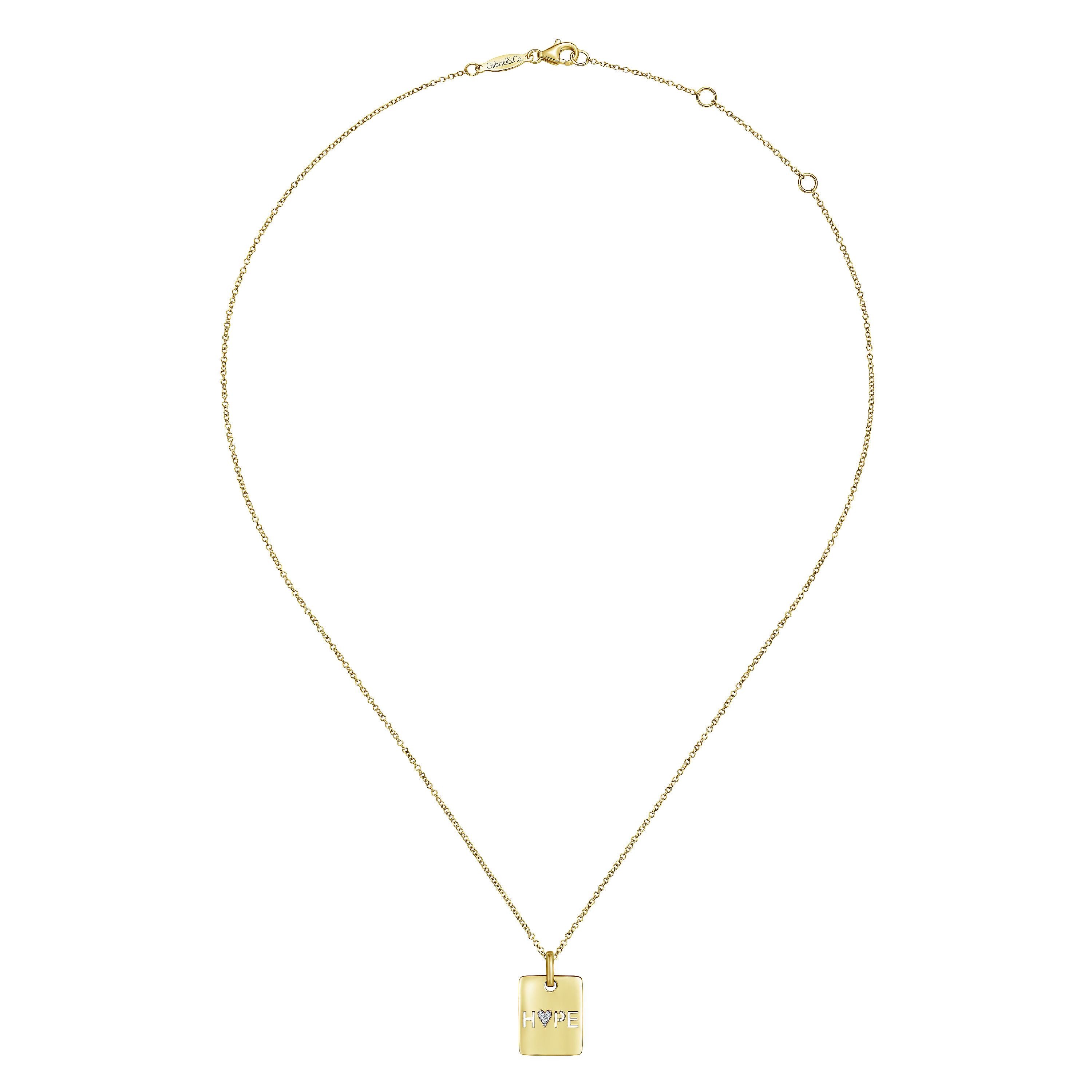 14K Yellow Gold Rectangular Hope Medallion Necklace with Pave Diamond Heart - 0.01 ct - Shot 2