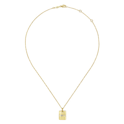 14K Yellow Gold Rectangular Hope Medallion Necklace with Pave Diamond Heart