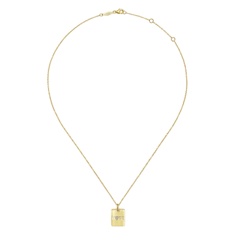 14K Yellow Gold Rectangular Hope Medallion Necklace with Pave Diamond Heart - 0.01 ct - Shot 2
