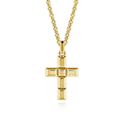 14K Yellow Gold Rectangular Station Cross Pendant