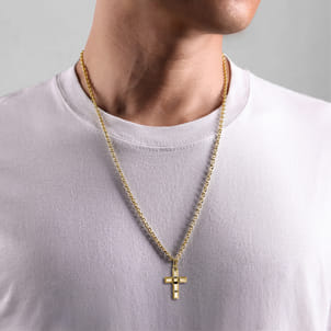 14K Yellow Gold Rectangular Station Cross Pendant