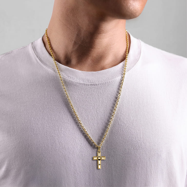 14K Yellow Gold Rectangular Station Cross Pendant - Shot 4