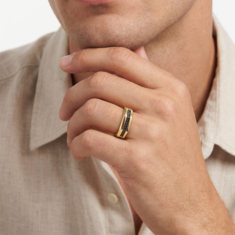 14K Yellow Gold Ring with Black Diamond Inlay in High Polished Finish - 0.28 ct - Shot 5
