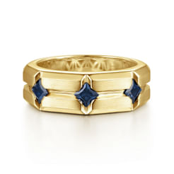 14K Yellow Gold Ring with Princess Cut Sapphire B quality Stations in East West Brush Finish