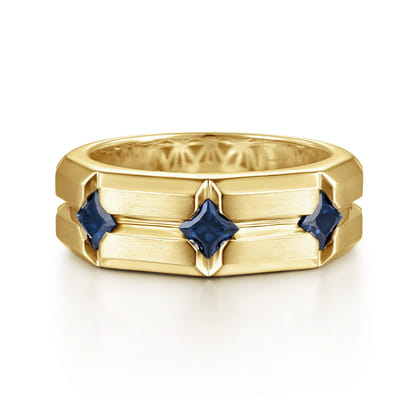 14K Yellow Gold Ring with Princess Cut Sapphire B quality Stations in East West Brush Finish