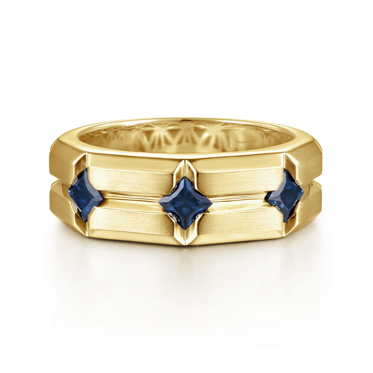 14K Yellow Gold Ring with Princess Cut Sapphire B quality Stations in East West Brush Finish - Shot 1