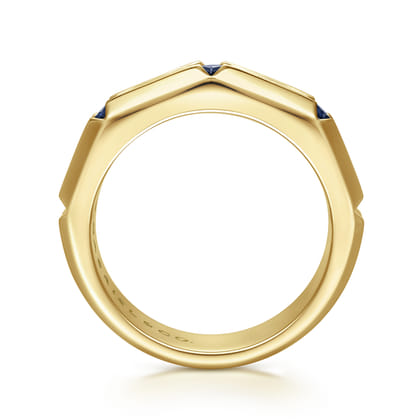 14K Yellow Gold Ring with Princess Cut Sapphire B quality Stations in East West Brush Finish