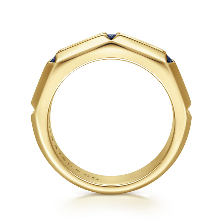 14K Yellow Gold Ring with Princess Cut Sapphire B quality Stations in East West Brush Finish - Shot 2