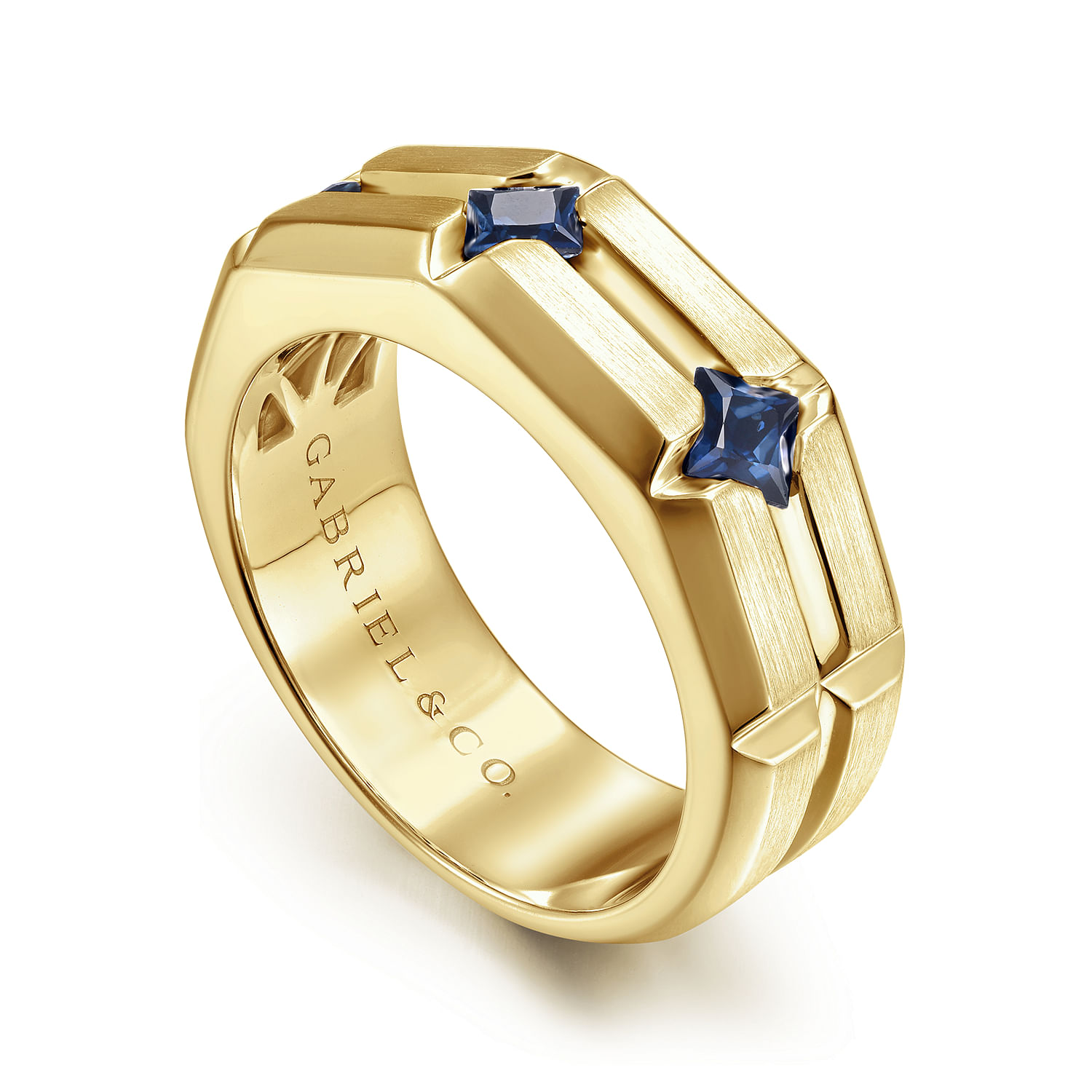 14K Yellow Gold Ring with Princess Cut Sapphire B quality Stations in East West Brush Finish