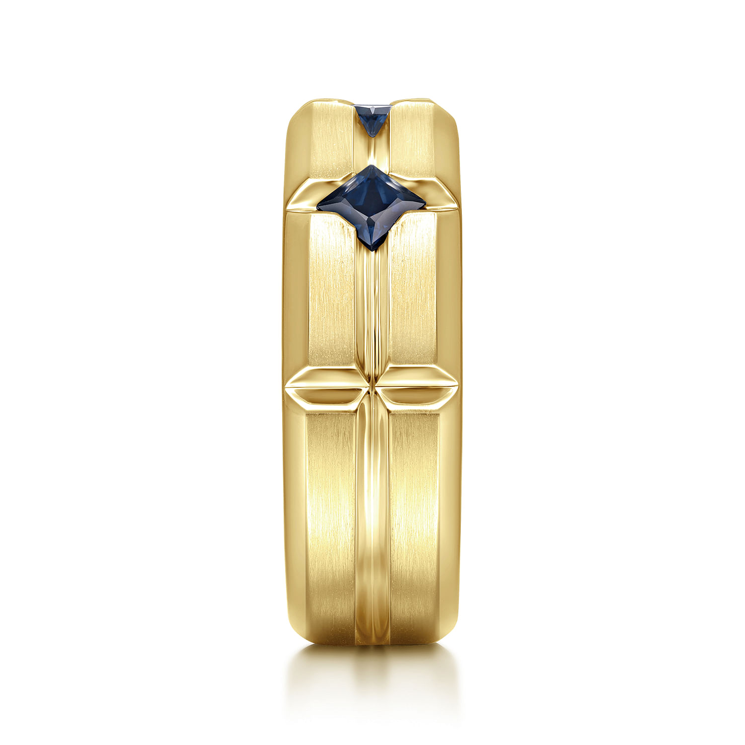 14K Yellow Gold Ring with Princess Cut Sapphire B quality Stations in East West Brush Finish