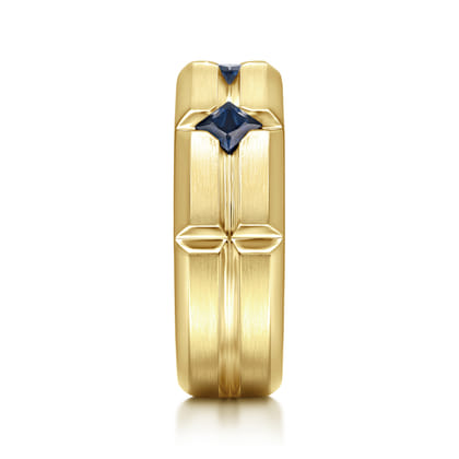 14K Yellow Gold Ring with Princess Cut Sapphire B quality Stations in East West Brush Finish