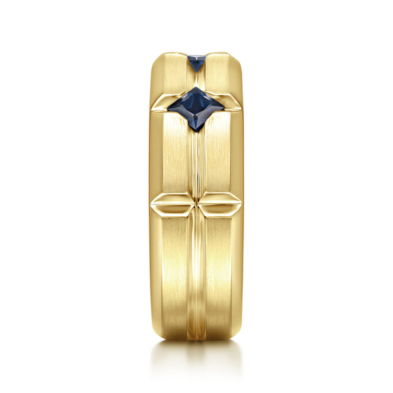 14K Yellow Gold Ring with Princess Cut Sapphire B quality Stations in East West Brush Finish - Shot 4