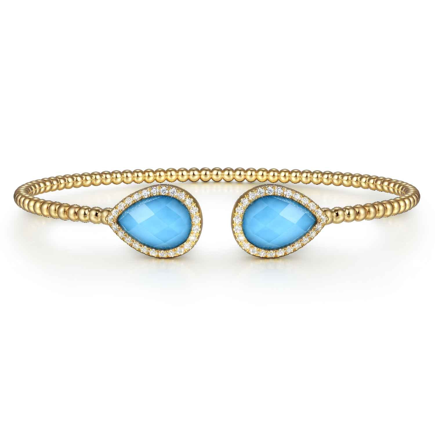 14K Yellow Gold Rock Crystal Turquoise and Diamond Open Bujukan Bangle - 0.3 ct - Shot 1