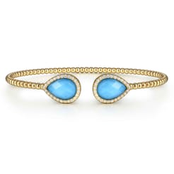 14K Yellow Gold Rock Crystal Turquoise and Diamond Open Bujukan Bangle