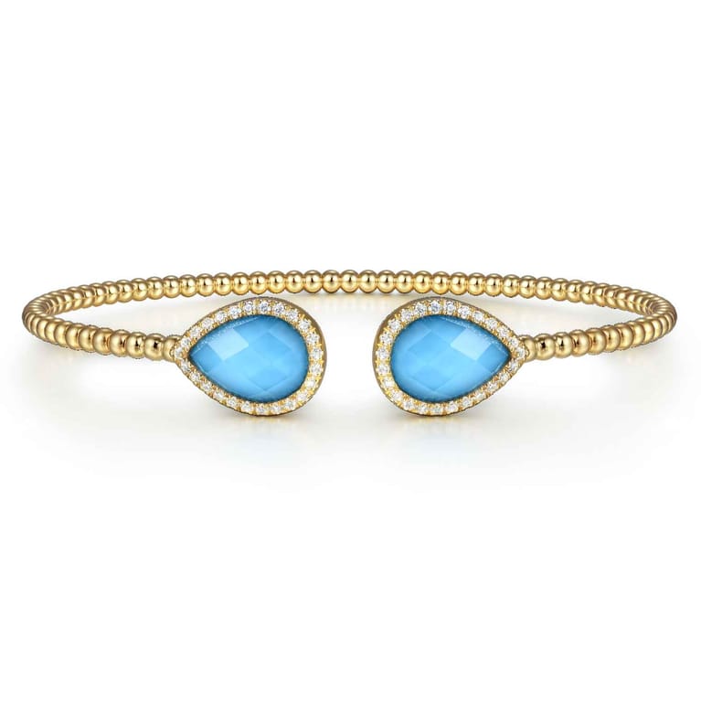 14K Yellow Gold Rock Crystal Turquoise and Diamond Open Bujukan Bangle - 0.3 ct - Shot 1