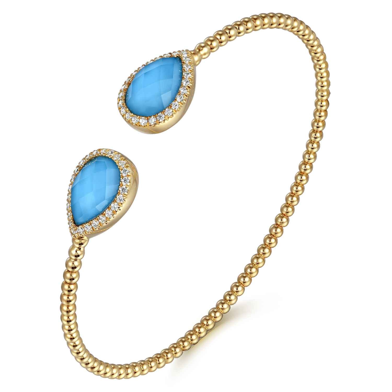 14K Yellow Gold Rock Crystal Turquoise and Diamond Open Bujukan Bangle - 0.3 ct - Shot 2