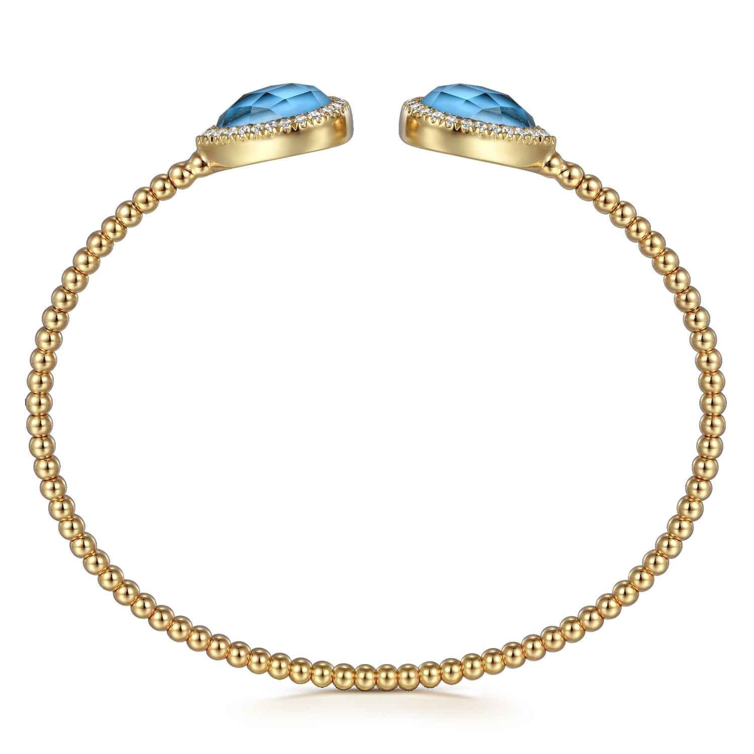 14K Yellow Gold Rock Crystal Turquoise and Diamond Open Bujukan Bangle - 0.3 ct - Shot 3