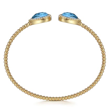 14K Yellow Gold Rock Crystal Turquoise and Diamond Open Bujukan Bangle