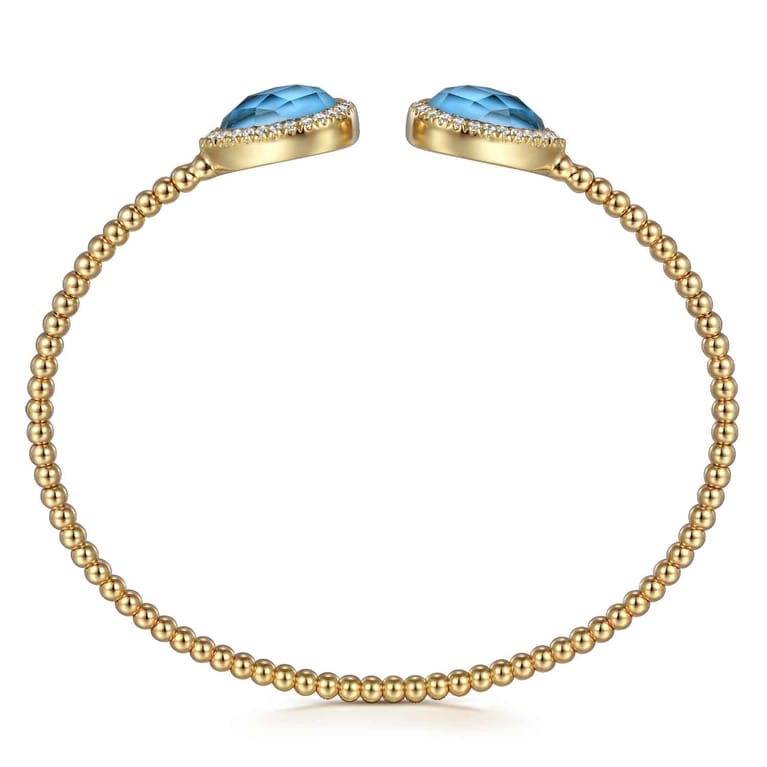 14K Yellow Gold Rock Crystal Turquoise and Diamond Open Bujukan Bangle - 0.3 ct - Shot 3