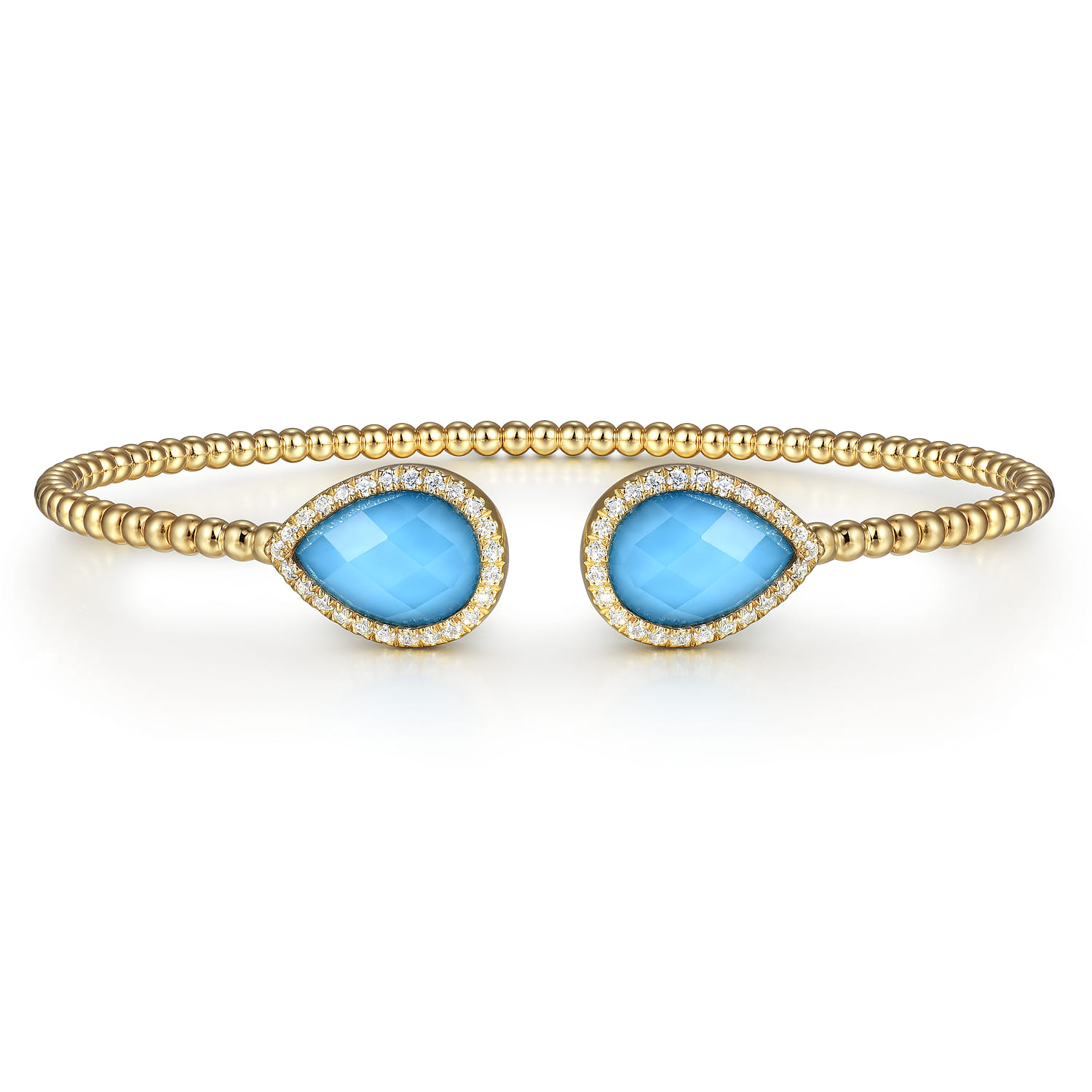 14K Yellow Gold Rock Crystal Turquoise and Diamond Open Bujukan Bangle - 0.3 ct - Shot 1