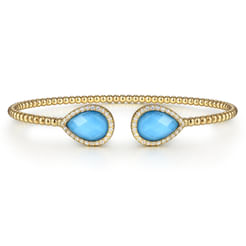 14K Yellow Gold Rock Crystal/Turquoise and Diamond Open Bujukan Bangle