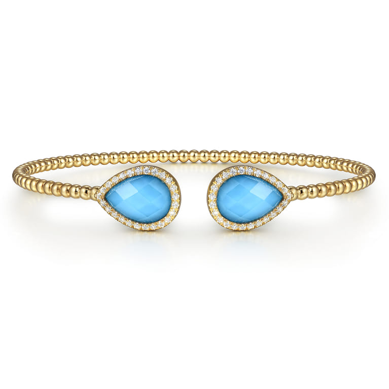 14K Yellow Gold Rock Crystal Turquoise and Diamond Open Bujukan Bangle - 0.3 ct - Shot 1
