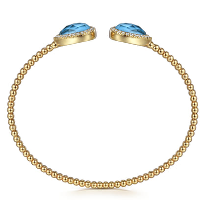 14K Yellow Gold Rock Crystal Turquoise and Diamond Open Bujukan Bangle