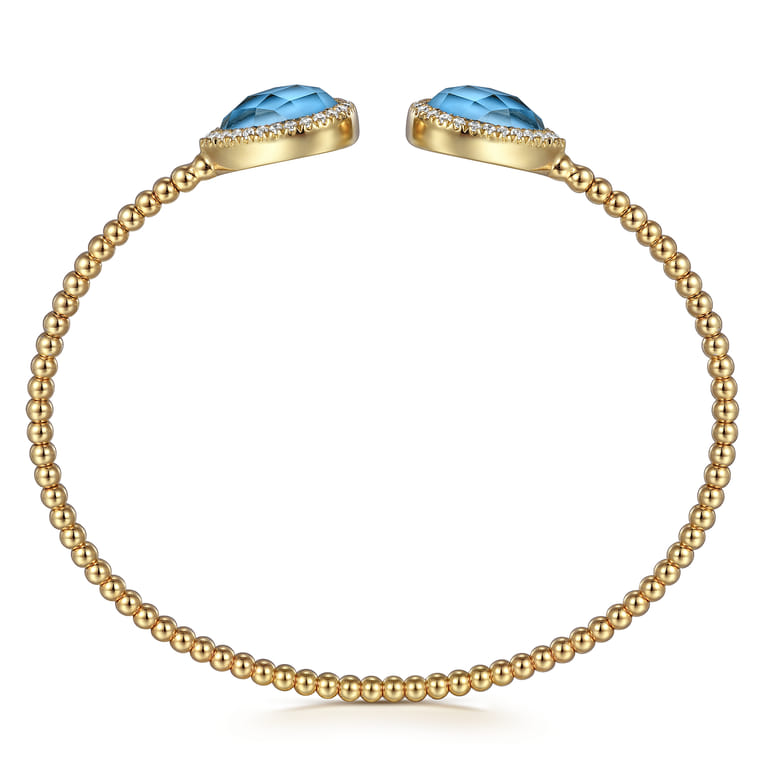 14K Yellow Gold Rock Crystal Turquoise and Diamond Open Bujukan Bangle - 0.3 ct - Shot 3