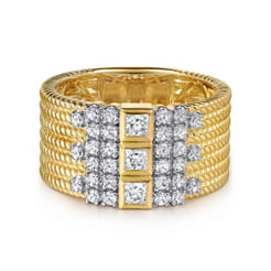 14K Yellow Gold Rope Diamond Wide Band Ladies Ring
