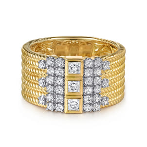 14K Yellow Gold Rope Diamond Wide Band Ladies Ring