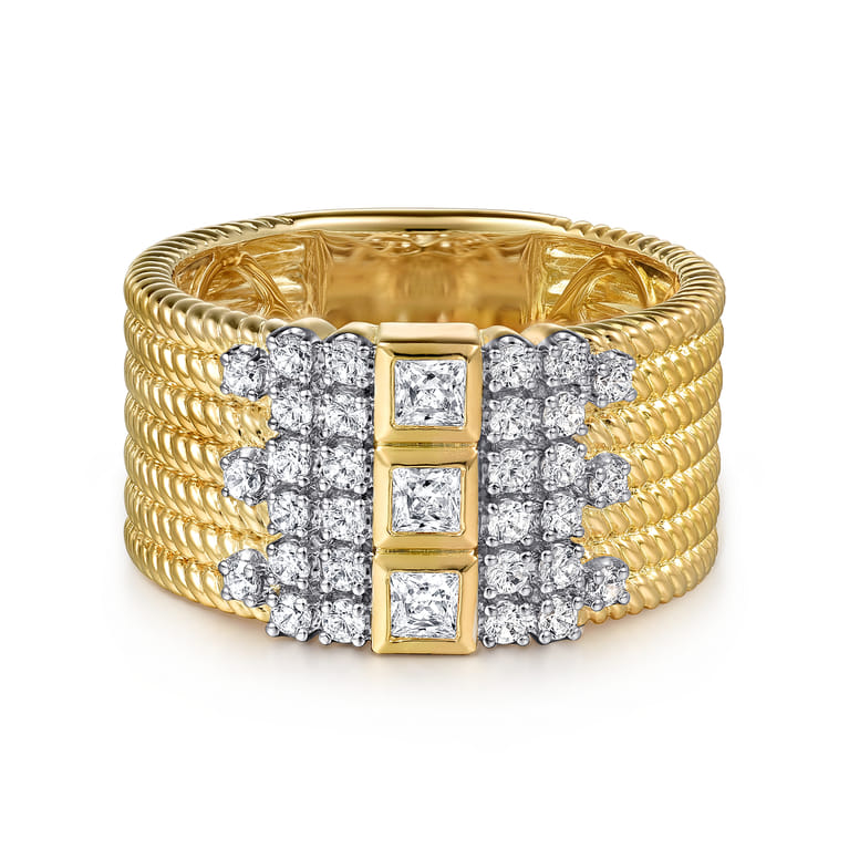 14K Yellow Gold Rope Diamond Wide Band Ladies Ring - 0.55 ct - Shot 1