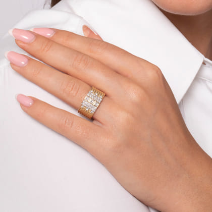 14K Yellow Gold Rope Diamond Wide Band Ladies Ring