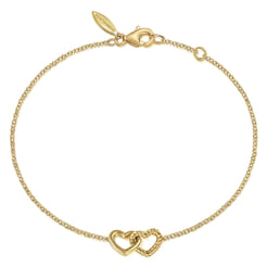 14K Yellow Gold Rope Entwined Hearts Chain Bracelet 