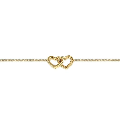14K Yellow Gold Rope Entwined Hearts Chain Bracelet - Shot 2