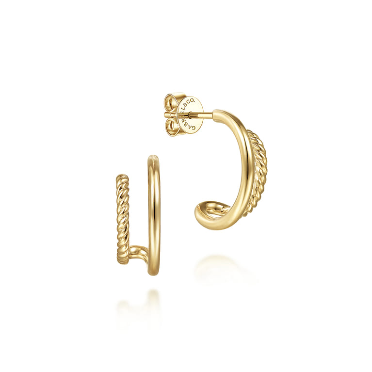 14K Yellow Gold Rope Split J Shape Stud Earrings - Shot 1