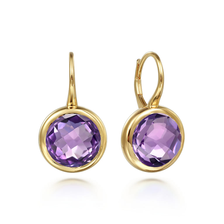 14K Yellow Gold Round Amethyst Earrings With Flower Pattern J-Back - Shot 1