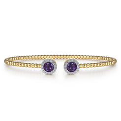 14K Yellow Gold Round Amethyst and Diamond Halo Bujukan Bangle