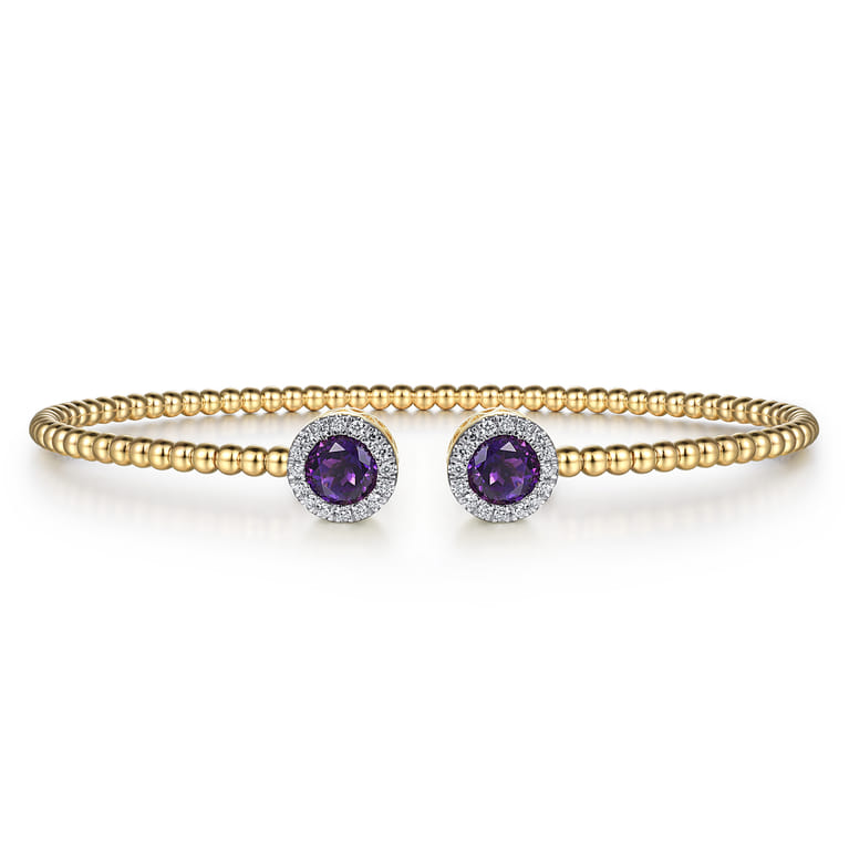 14K Yellow Gold Round Amethyst and Diamond Halo Bujukan Bangle - 0.16 ct - Shot 1