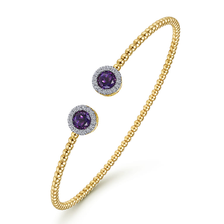 14K Yellow Gold Round Amethyst and Diamond Halo Bujukan Bangle - 0.16 ct - Shot 2