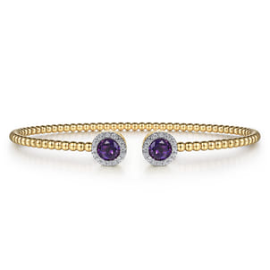 14K Yellow Gold Round Amethyst and Diamond Halo Bujukan Bangle