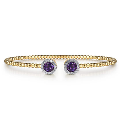 14K Yellow Gold Round Amethyst and Diamond Halo Bujukan Bangle