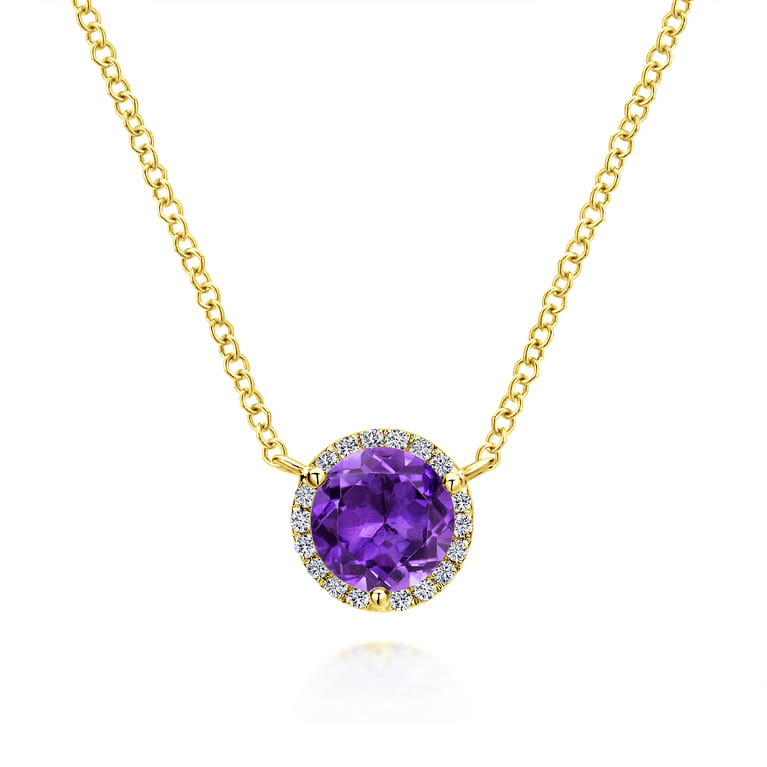 14K Yellow Gold Round Amethyst and Diamond Halo Pendant Necklace - 0.07 ct - Shot 1