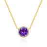 14K Yellow Gold Round Amethyst and Diamond Halo Pendant Necklace - 0.07 ct